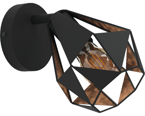 Lumină de perete neagră cu abajur geometric și bec introdus.