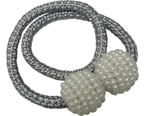 Clemă magnetică Flex-V cu perle și șnur pentru draperie, argintiu, 48 cm, set 2 buc.
