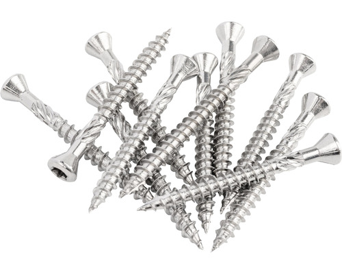 Șuruburi pentru lemn de terasă 5x50 mm oțel inox A2, 100 bucăți, filet parțial Prim-plan cu șuruburi din oțel inoxidabil cu cap înecat