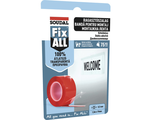 Bandă adezivă SOUDAL 1,5 m transparentă Bandă de montaj față-verso transparentă Soudal Fix ALL, 1,5 m x 19 mm