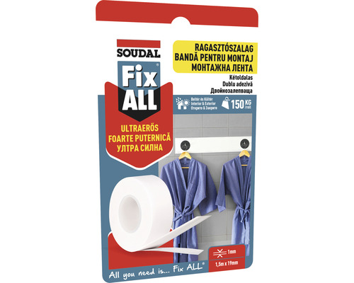 Bandă adezivă SOUDAL 1,5 m albă Rola bandă de montaj Soudal Fix ALL, 1,5 metri cu 19 milimetri