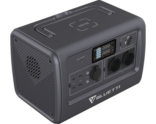 Centrală electrică Bluetti cu diverse conexiuni și ecran LCD