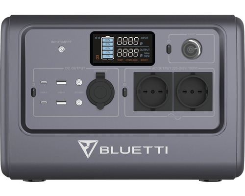 Stație de alimentare Bluetti cu diferite porturi și afișaj digital.