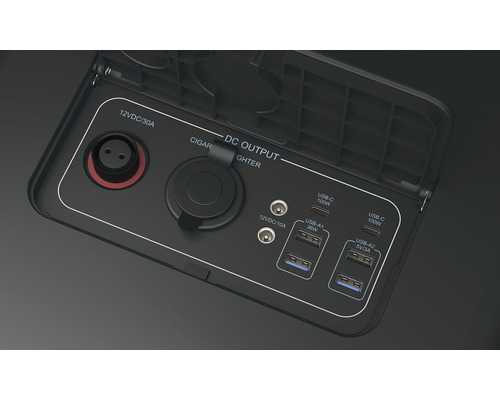 Conexiuni pentru o centrală electrică cu ieșire de 12 volți DC, conexiuni USB A și USB C