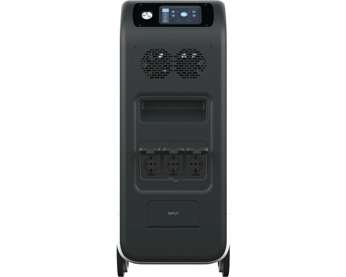 Vedere din spate a unei stații electrice portabile cu afișaj, fante de ventilație, mâner, trei prize și conexiune de intrare