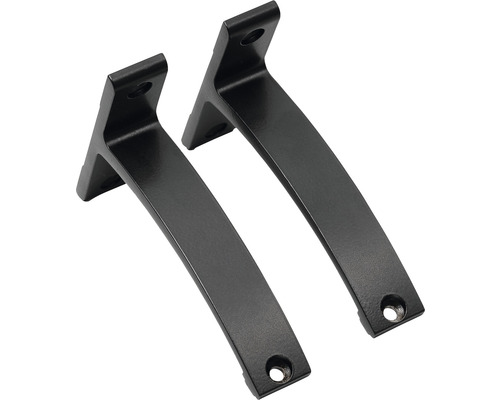 Două suporturi negre pentru rafturi pentru montare pe perete.