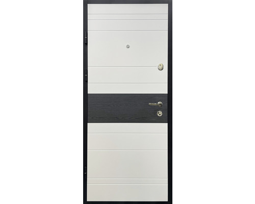 Ușă de intrare modernă cu linii orizontale și încuietoare de siguranță