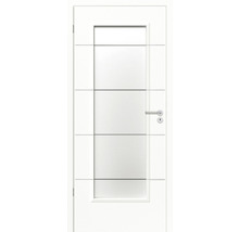 Ușă interioară albă cu muluri decorative transversale și inserție de sticlă