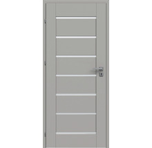 Ușă de interior gri cu muluri decorative orizontale și clanță