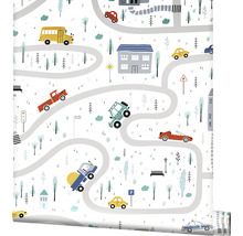 Tapet cu model de străzi, vehicule și clădiri