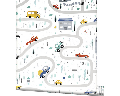 Tapet cu model de străzi, vehicule și clădiri