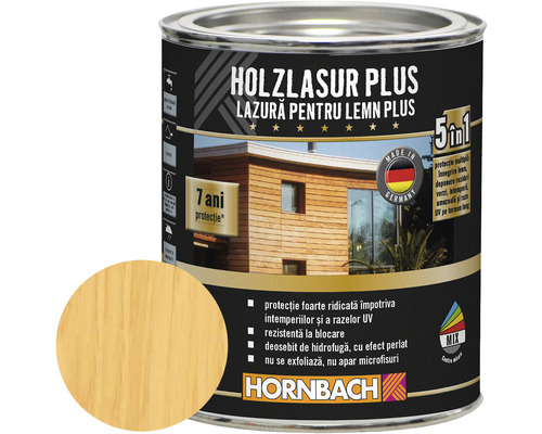 Lazură pentru lemn Hornbach Plus incoloră 750 ml Cutie lazură pentru lemn Plus cu mostră de culoare și caracteristici produs