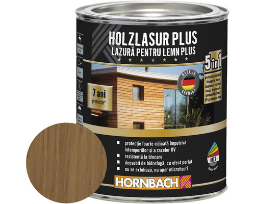 Lazură pentru lemn Hornbach Plus stejar 750 ml Lazură pentru lemn Plus, lazură de protecție a lemnului în recipient pentru vopsea