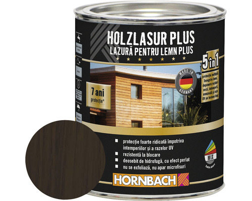 Lazură pentru lemn Hornbach Plus palisandru 750 ml Cutie lazură pentru lemn Plus cu mostră de culoare și informații despre proprietăți și protecție