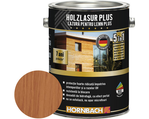 Lazură pentru lemn Hornbach Plus mahon 2,5 l Cutie lazură pentru lemn Plus pentru exterior cu protecție de 7 ani și formulă 5 în 1