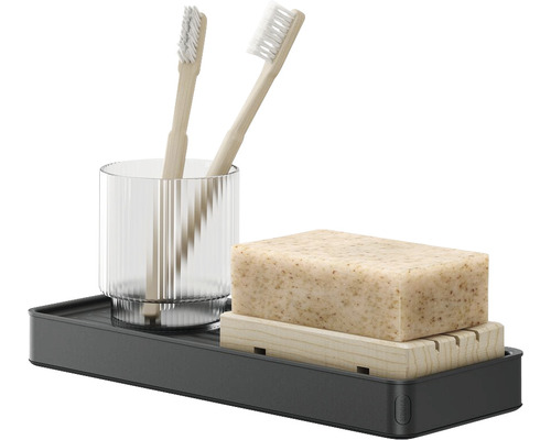 Raft pentru baie cu periuțe de dinți, pahar pentru dinți și săpun