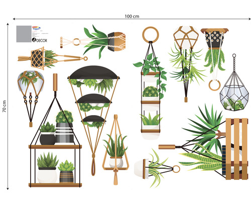 Autocolant de perete cu plante în ghivece suspendate, 100x70 cm