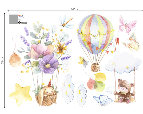 Autocolante de perete cu motive acuarelă, incluzând un balon cu aer cald, flori și animale, pentru camera copiilor