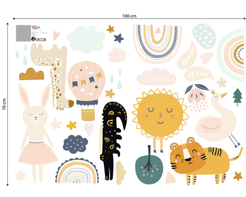 Autocolante de perete cu diverse motive, cum ar fi animale, curcubee, nori, stele și un balon cu aer cald, dimensiuni 100 x 70 cm