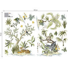 Autocolant de perete cu motive de junglă, inclusiv tigru, zebră, maimuță și păsări, dimensiune 100 cm x 70 cm