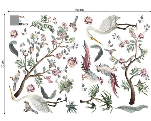 Autocolante de perete cu design floral, păsări și dimensiuni de 100 cm pe 70 cm.