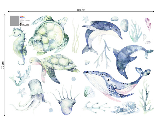Autocolant de perete cu animale marine precum broaște țestoase, delfini, căluți de mare și meduze, dimensiune 100 pe 70 centimetri