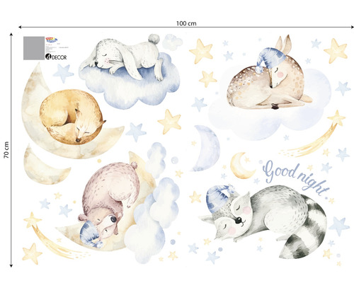 Autocolant de perete cu motive de animale dormind, dimensiuni 100 x 70 cm