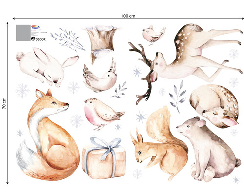 Ilustrație cu vulpe, iepure, căprioară, veveriță, urs, păsări și cadou pe o coală de 100 x 70 cm