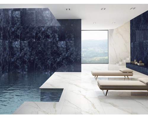 Interior cu piscină, perete de faianță și șezlonguri