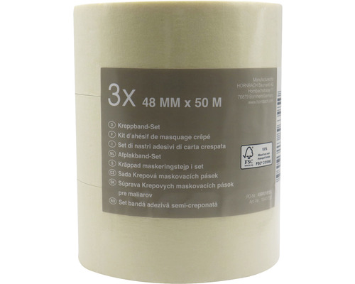 Set 3 benzi de mascare din hârtie creponată 48 mm x 50 m Set de trei role de bandă adezivă semi-creponată, 48 milimetri x 50 metri