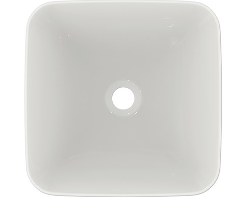 Vedere de sus a unei chiuvete pătrate din ceramică cu orificiu de scurgere