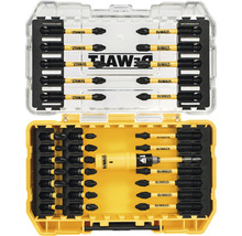 Set de biți de șurubelniță DeWalt cu diverse biți și suport de biți în cutie de plastic galbenă