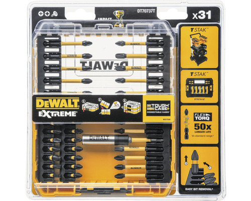 Set de biți DeWalt Extreme DT70737T cu 31 de piese pentru burghie cu percuție în ambalaj