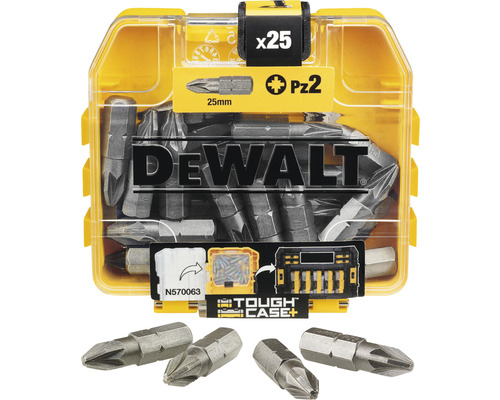 Set biți DeWALT PZ2 25 mm, 25 piese, fără prelungitor Set de biți Dewalt cu 25 de bucăți în cutie de depozitare galbenă