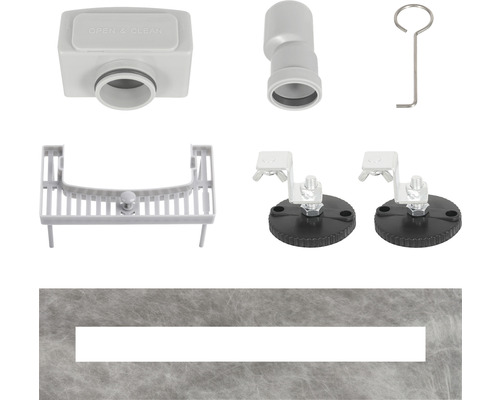 Accesorii pentru rigolă de duș constând dintr-un sifon, o piesă de colț, o cheie de montaj, o sită de păr, două picioare și bandă de etanșare