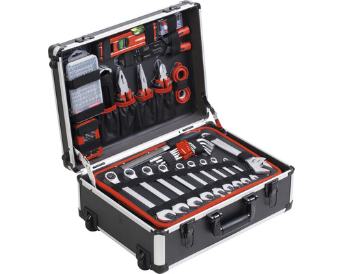 Valiză de scule deschisă cu sortiment de scule