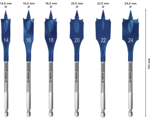 Șase burghie pentru lemn cu vârf de burghiu plat și diametre diferite, de la 14 milimetri până la 24 milimetri.