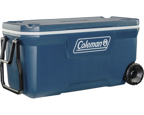 Ladă frigorifică albastră cu roți și logo Coleman