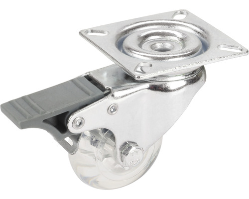 Rotiță pentru mobilă cu frână, carcasă metalică și roată transparentă