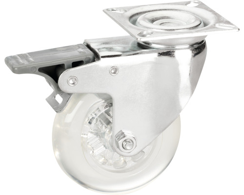 Rotiță pivotantă cu frână, placă de montaj și rolă transparentă