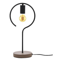 Lampă de masă decorativă cu o bază rotundă și un abajur circular deschis.