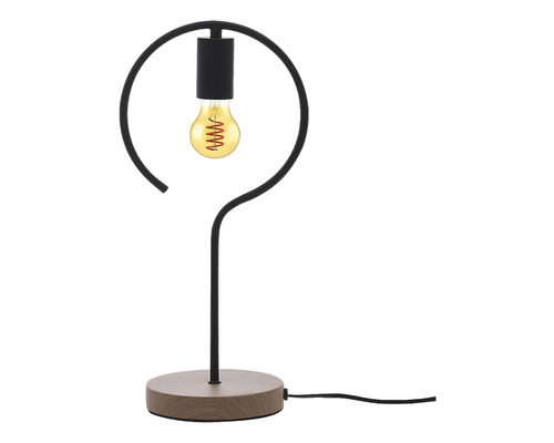 Lampă de masă decorativă cu o bază rotundă și un abajur circular deschis.