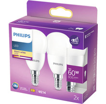 Bec LED Philips E14, 60 wați, pachet de 2 bucăți