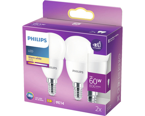 Bec LED Philips E14, 60 wați, pachet de 2 bucăți