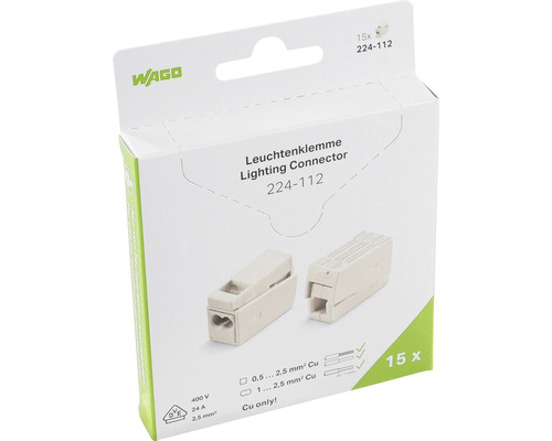 Regletă rapidă îmbinare cablu Wago 1x max. 2,5 mm², pentru corpuri de iluminat, albă, pachet 15 bucăți (gama 224)