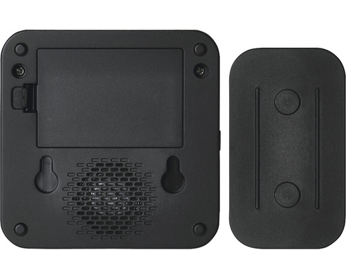 Partea din spate a unui sonerie wireless neagră cu placă de montare