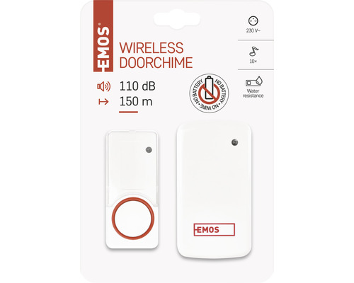 Sonerie fără fir cu volum de 110 decibeli și rază de acțiune de 150 de metri. Simbol: Nu este necesară baterie. Logo Emos.