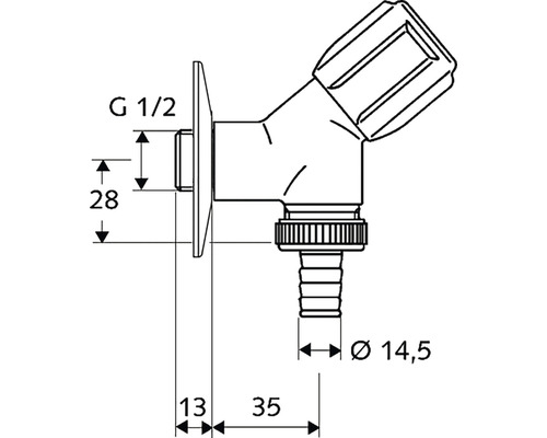 Robinet de colț cu racord de furtun și dimensiuni indicate