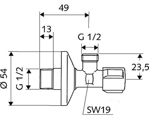 Desen tehnic al unei supape de reglare unghiulară cu dimensiuni