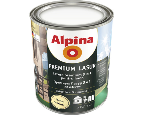 Lazură premium pentru lemn Alpina natur 0,75 l Cutie Alpina Premium Lazura 3 în 1 pentru exterior